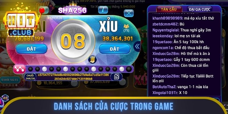 Danh sách cửa cược trong game